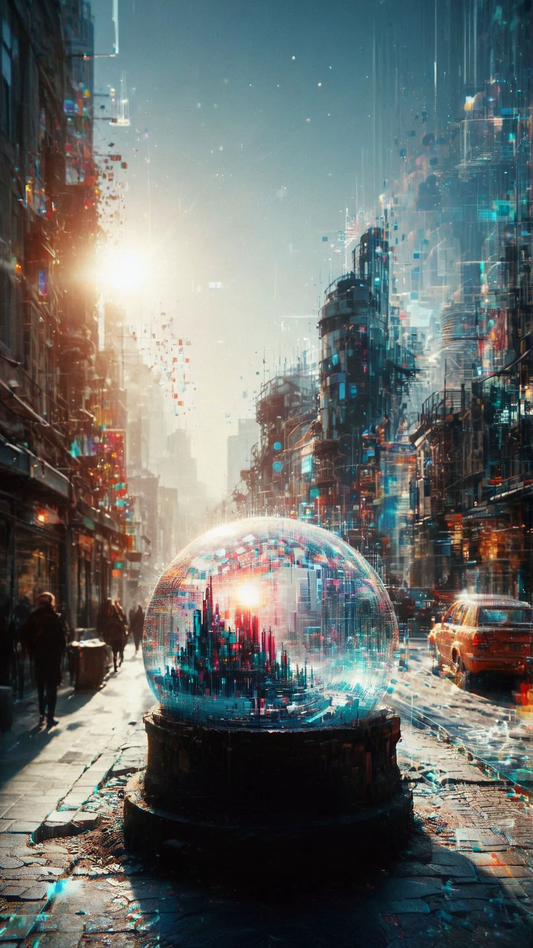 snowglobe with a, A group of steelworks, each with a distinctive design and intricate designs, line a bustling city street. The sun beats down on the scene, casting long shadows on the pavement below. Buildings tower above them, their windows reflecting the vibrant colors of the skyline. inside, snowy layer, snowing inside snowglobe, glass, idyllic and cute, bokeh background, aesthetic, winning, excellent composition, beautiful detailed
 <lora:aidmaGlitchStyle-v0.1:0.95> glitch,