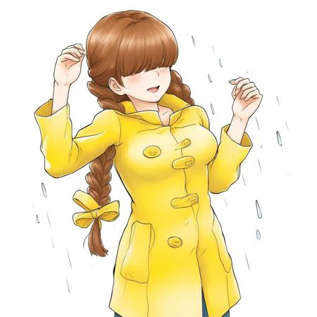 high res, good quality, accurate face, ((high resolution:1.2), (hi-res:1.2), masterpiece, best quality), ng_deepnegative_v1_75t, easynegative, Young girl wearing a yellow raincoat , Girl with braided hair, Long brown hair, Hair Covering eyes , Pale white skin