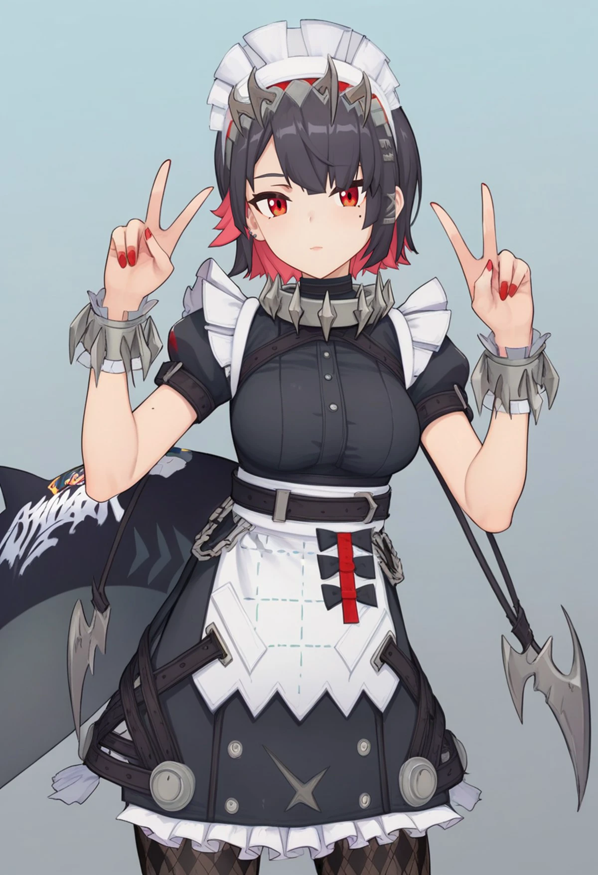 score_9_up, score_8_up, score_7_up, 1girl, solo, cowboy shot, double v, maid, black dress, argyle thighband pantyhose, wrist cuffs, headdress, metal collar, maid apron, shark tail, tail print, short hair, red eyes, red nails, moles under eye, ellen joe, simple background<lora:ellen joe xl 014 fro 995:1>