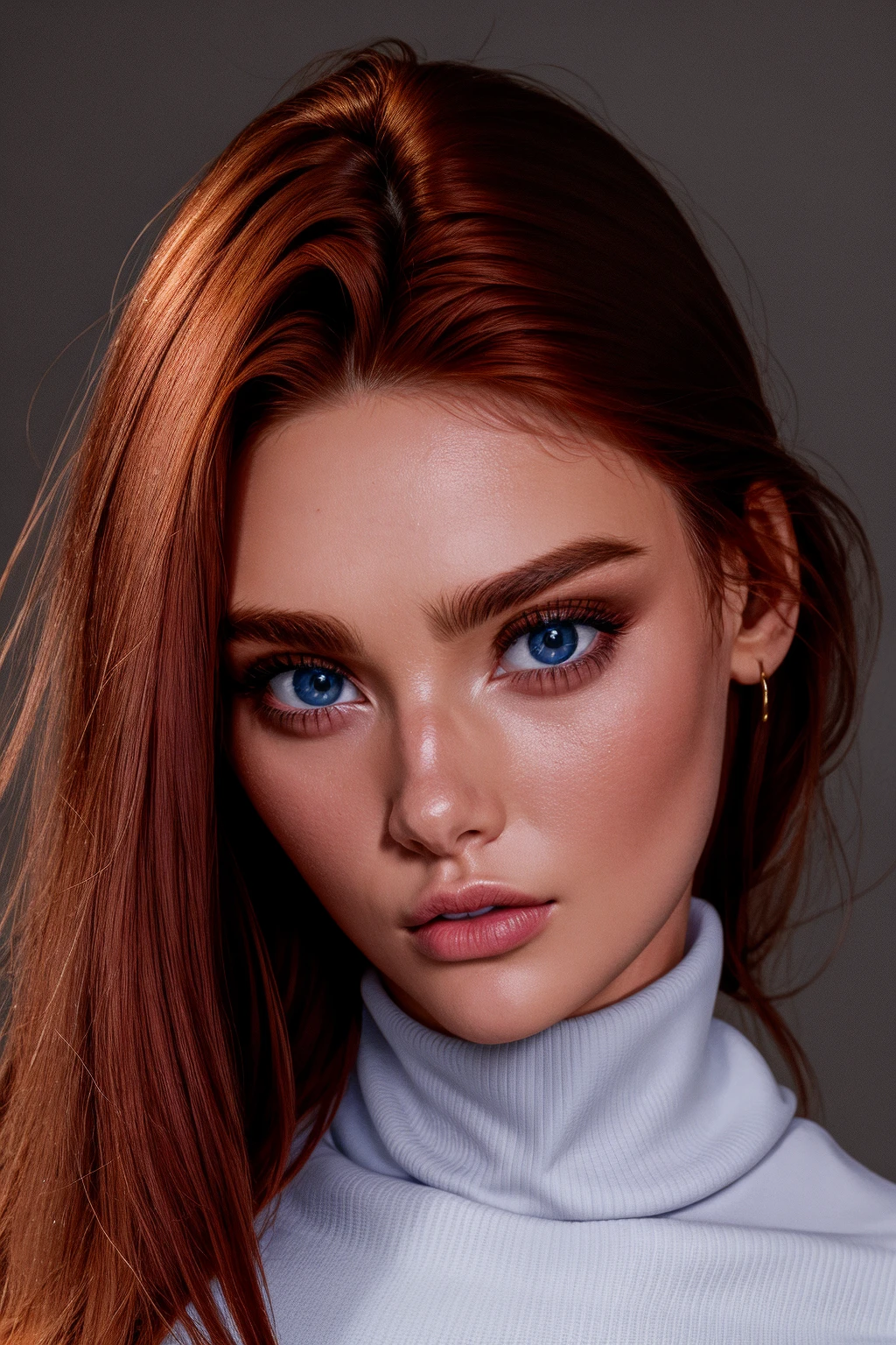 mndngwmn, turtleneck, (blue eyes:0.3), , (ultra realistic, 8k,high quality), natural lighting, wearing makeup,