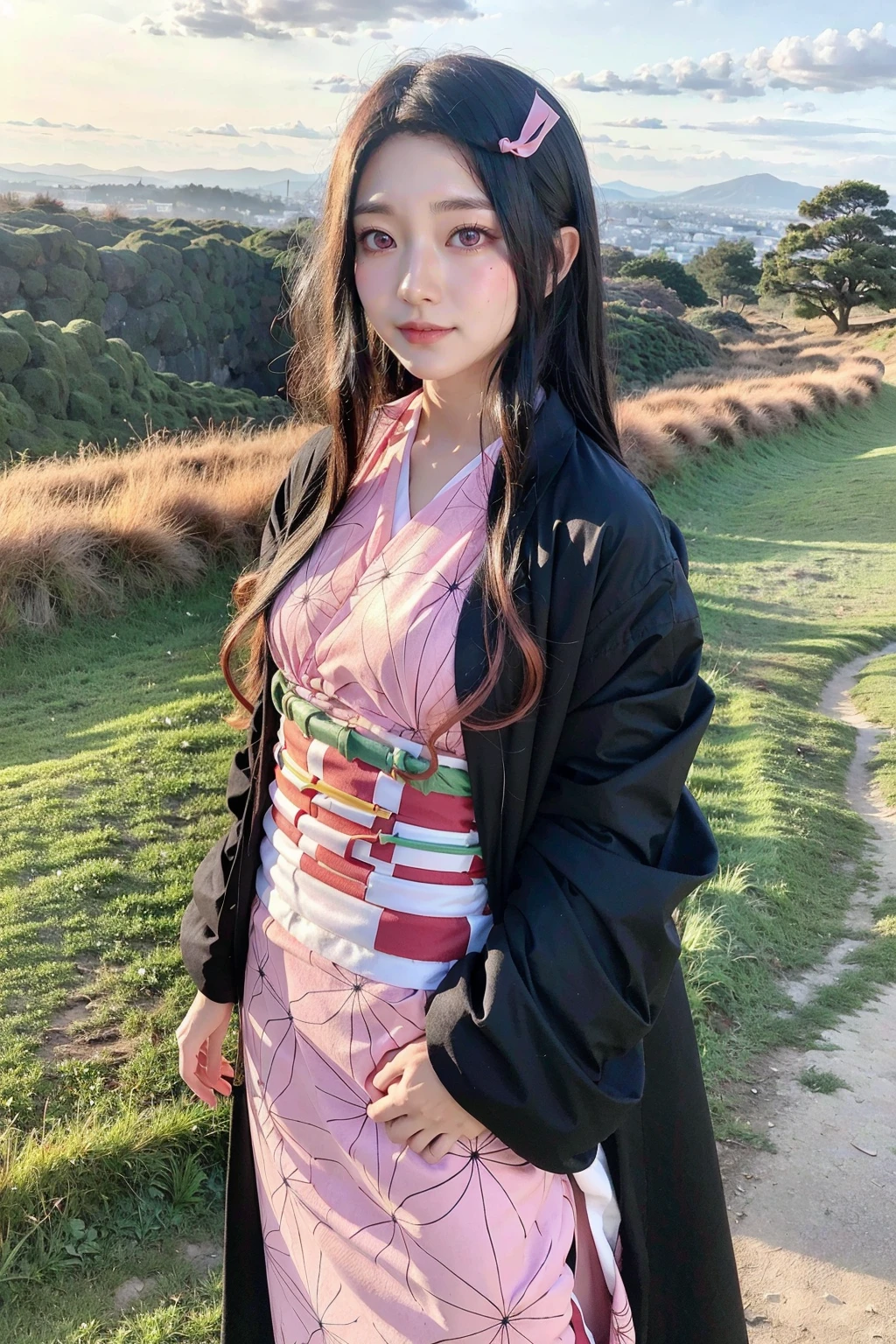 kamado nezuko,1girl,solo,cowboy shot,upper body,realistic,pink eyes,black hair,two-tone hair,very long hair,(black haori),pink kimono, checkered obi, pink hair ribbon,long sleeves,standing,looking at viewer,closed mouth,arms at sides,mountain,grass, smile,happy, sunlight, dawn, grass,hill,asa no ha \(pattern\),medium breasts, black jacket,mature female,rope belt, orange hair,  (8k, best quality, masterpiece, ultra highres:1.2),  <lora:nezuko_v1_prod_cs1:1>