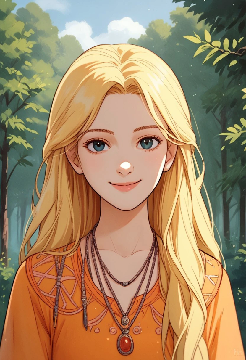 score 9, score 8, score 7, 1girl, solo, pmel, blonde hair, long hair, upper body, orange dress, looking at viewer, smile, necklace, exterior, forest,