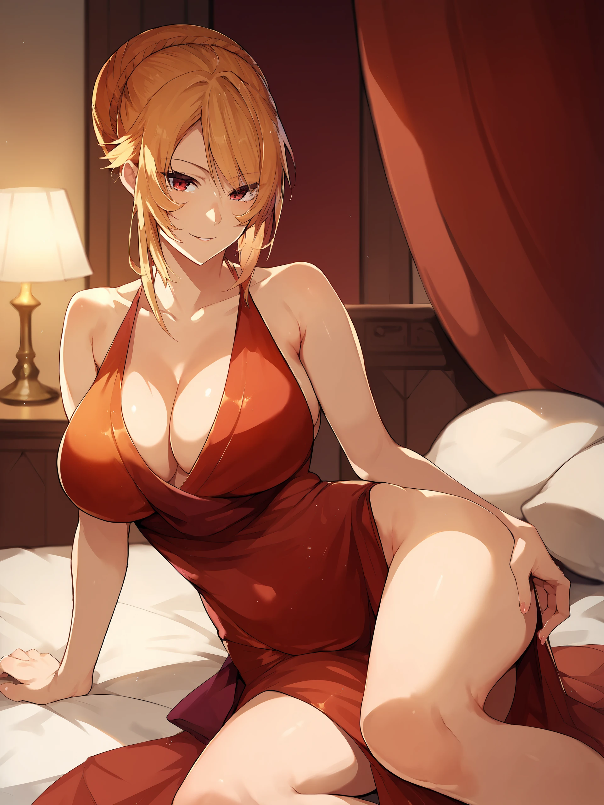 1girl, angelica rafa redgrave, solo, hair up, red evening gown, cowboy shot, bedroom, depth of field, sitting on side of the bed, reclining, arm support, gasping, ecstasy, seductive smile <lora:Expressive_H:1>  <lora:Char-Angelica_Rafa_Redgrave-Pony-V1:1> score_9, score_8_up, score_7_up, source_anime