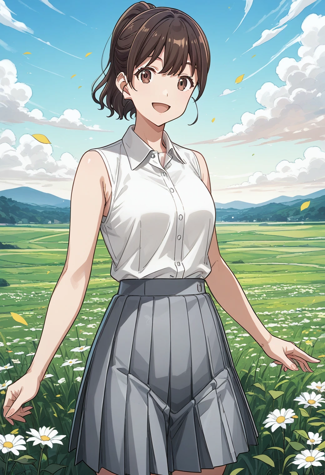 1girl, solo, (field:1.2), (sky:1.2), smile, open mouth, (dynamic pose:1.3), cowboy shot,
tantei1_kangofu, brown eyes, brown hair, ponytail, mature female, white shirt, collared shirt, sleeveless, pleated skirt, gray skirt, <lora:tantei1_kangofu_pony_ver2:0.8>, score_9, score_8_up, score_7_up, source_anime, best quality, uncensored, rating_safe,