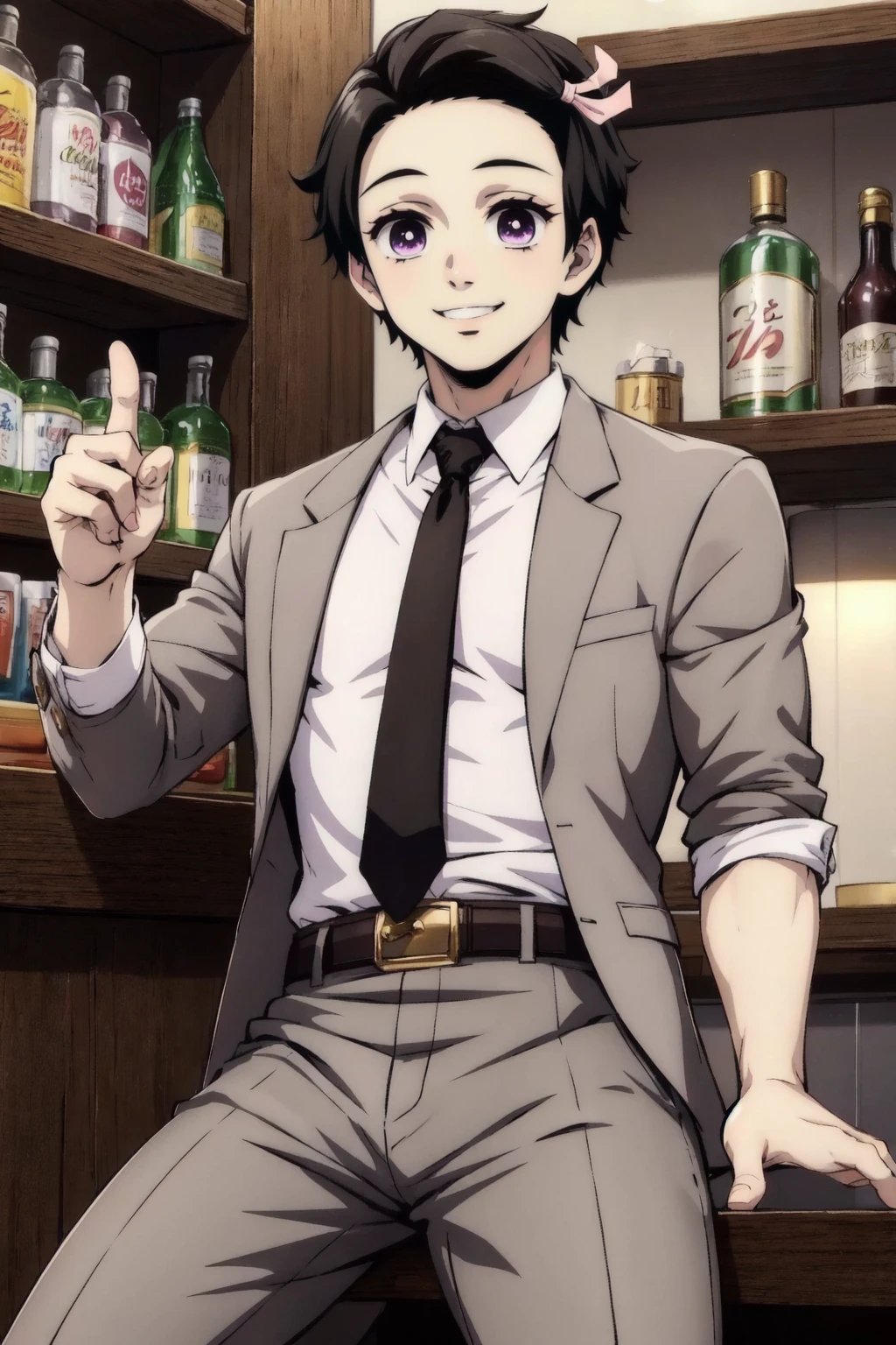kamado nezuko, 1boy,male focus,muscular male,pectorals,short hair,buzz cut,very short hair, sitting,(grey suit, grey jacket), grey pants, black necktie,white collared shirt, bar, shelf, neon lights,night,smile,black hair, purple eyes,white pupils,long necktie,brown belt,pointing at viewer,pointing,grey blazer,pink hair ribbon,(8k,4k,masterpiece, best quality, finely detail,manga) <lora:nezuko_v1:1>
