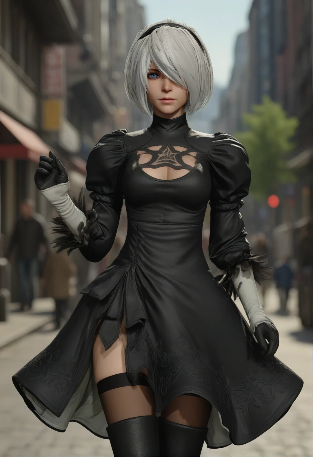 ,upper body,yn2tb_\(girl\),outfit1st_\(dress_costume\),street,<lora:yorha2b_sdxl_V1-7-000010:0.7>