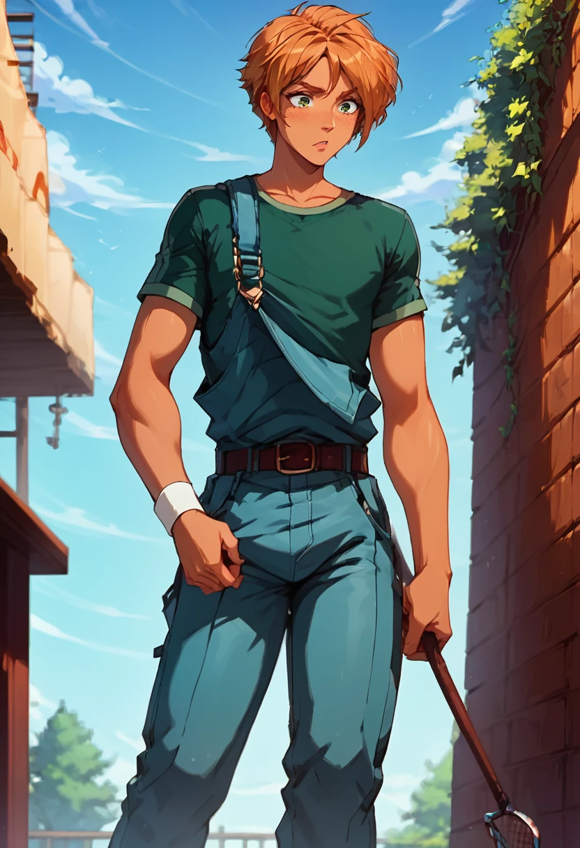 embedding:Pony\Positive\zPDXL2, score_9, score_8_up, score_7_up, 1boy, guillaume_ts!, green eyes, ginger hair, light tanned skin, green shirt, overalls with one strap undone, belt, wristband, hand net