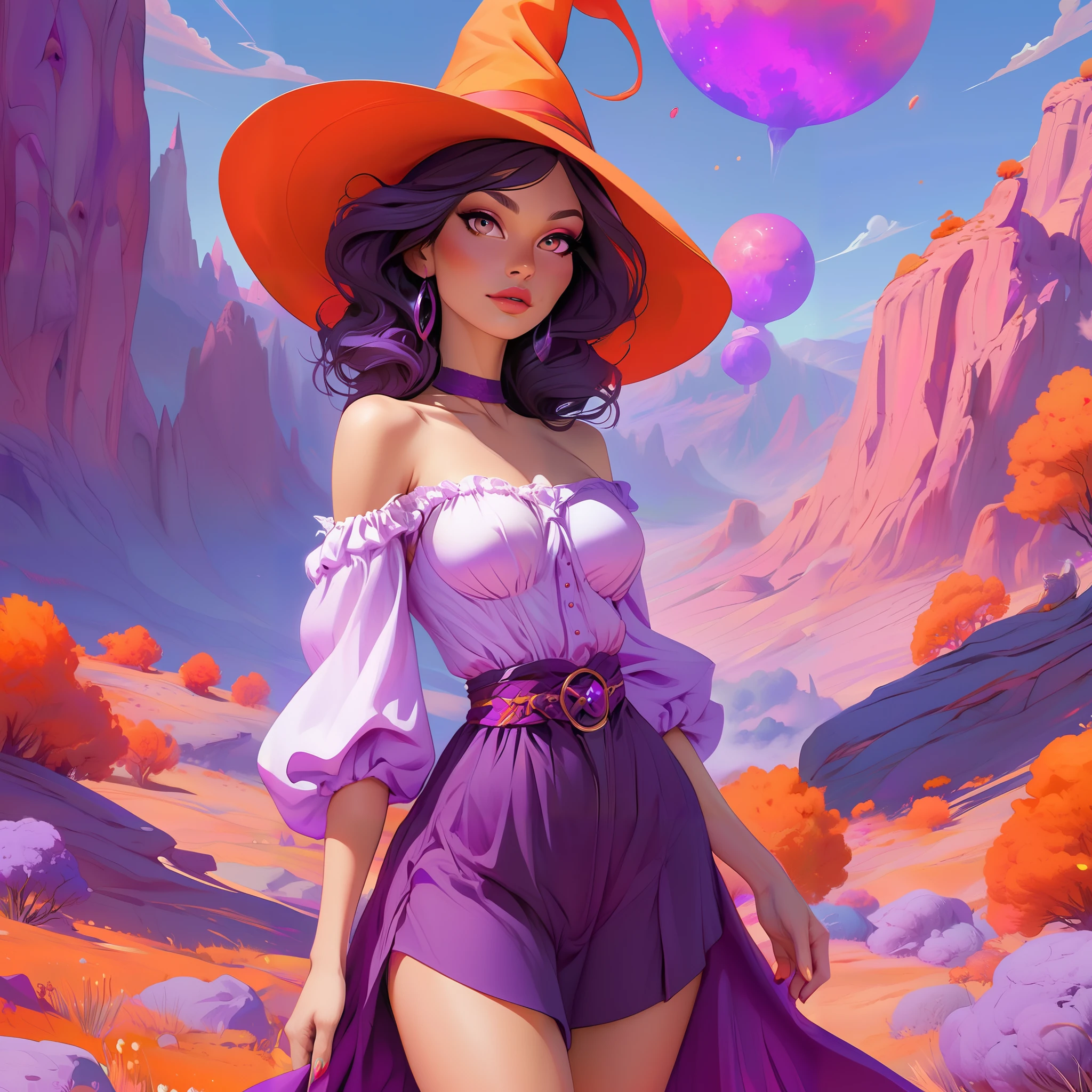 1woman, dreamscape witch, cute outfit dreamscape colors, detailed dreamscape background, colorful, purple orange and red, dreamscape landscape background, illustration