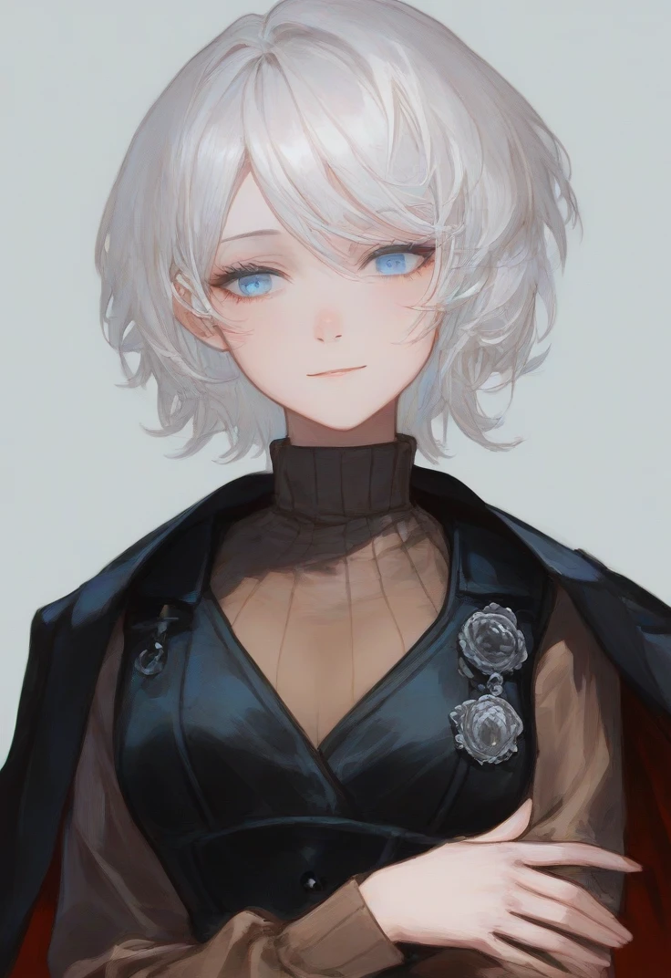 (score_9, score_8_up:1.1), score_7_up, masterpiece, perfect face, beautiful face, perfect hands, beautiful hands, <lora:Faust_Limbus:1>, FaustLimbus, FaustSinner, 1girl, white hair, short hair, blue eyes, emotionless face, light smile, brown turtleneck sweater, black vest, black jacket, jacket on shoulders, black pants, upper body, portrait, crossed hands