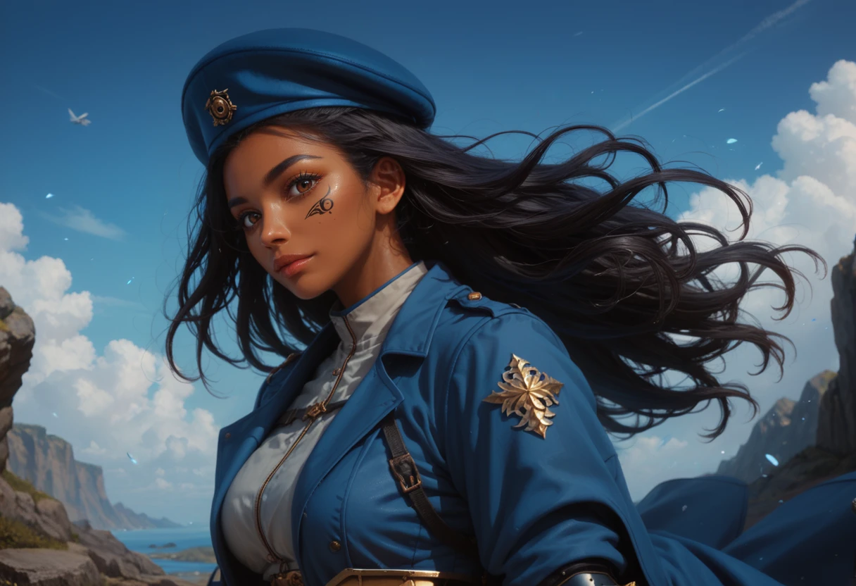 score_9, score_8_up, score_8, from side, looking at viewer, BREAK ana, solo, black hair, brown eyes, long hair, wind blowing hair, dark-skinned female, large breasts, beret, blue trench coat, gloves, armor, armored boots, armored pants, armor, blue sky,