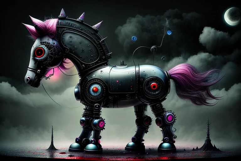 dark kawaii, black robot horse, red-eyes, 4k high resolution, high quality macro photo, (colorfulsurrealismai:0.6), <lora:Dark Kawaii - drkkaw 1.5_epoch_5:0.5>