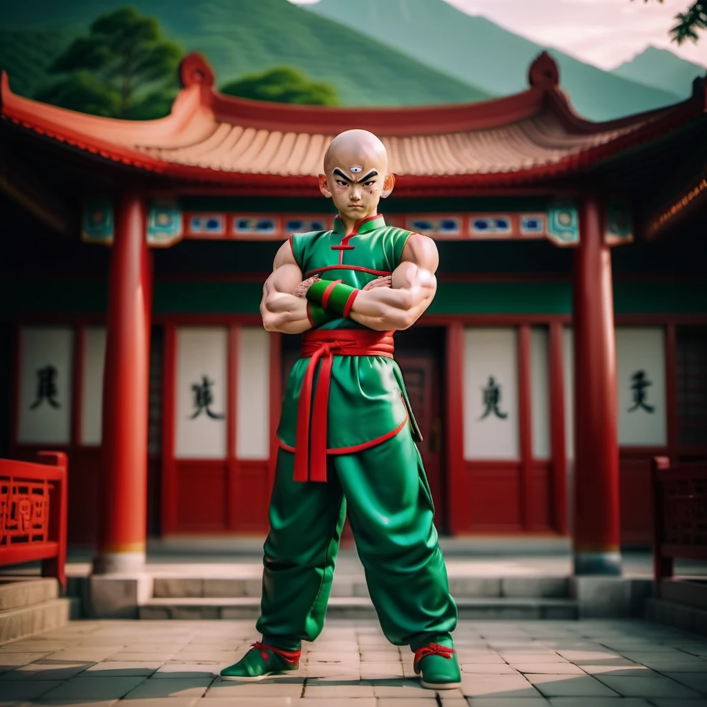 cinematic photo full body portrait of 1boy, bald, realistic third eye, muscular, wristband, shirtless, green chinese clothes, red belt, in a chinese temple<lora:TenShinHan1024:0.8> . 35mm photograph, film, bokeh, professional, 4k, highly detailed