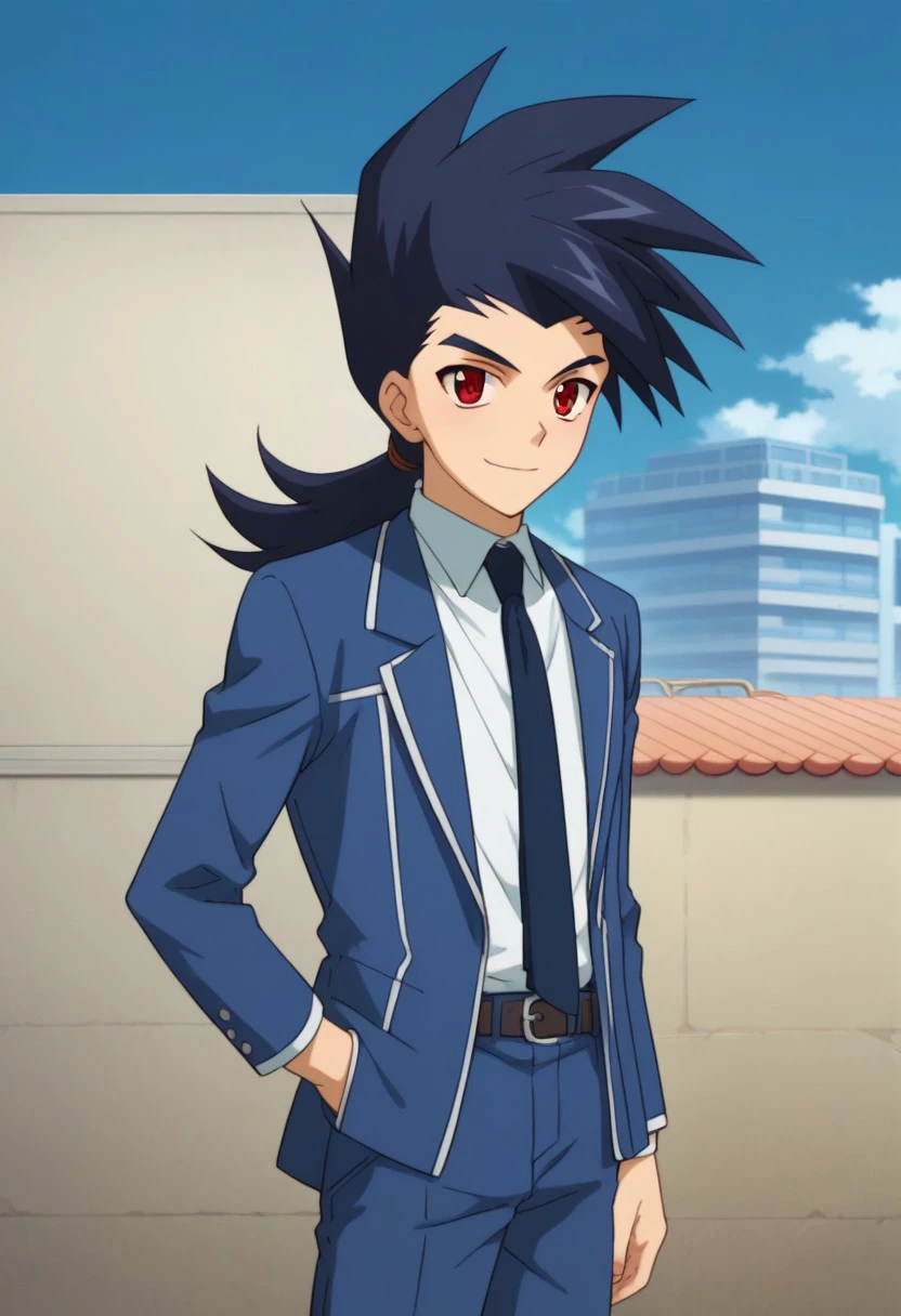 score_9, score_8_up, score_7_up, source_anime, highly detailed, 
kamui, 1boy, solo, male focus, necktie, spiked hair, ponytail, upper body, school uniform, red eyes, standing, pants, blue pants, blue hair, smile, jacket,
blue jacket, open clothes, looking at viewer, blue hair, open jacket, belt,
shirt, white shirt,
outdoor, sky,