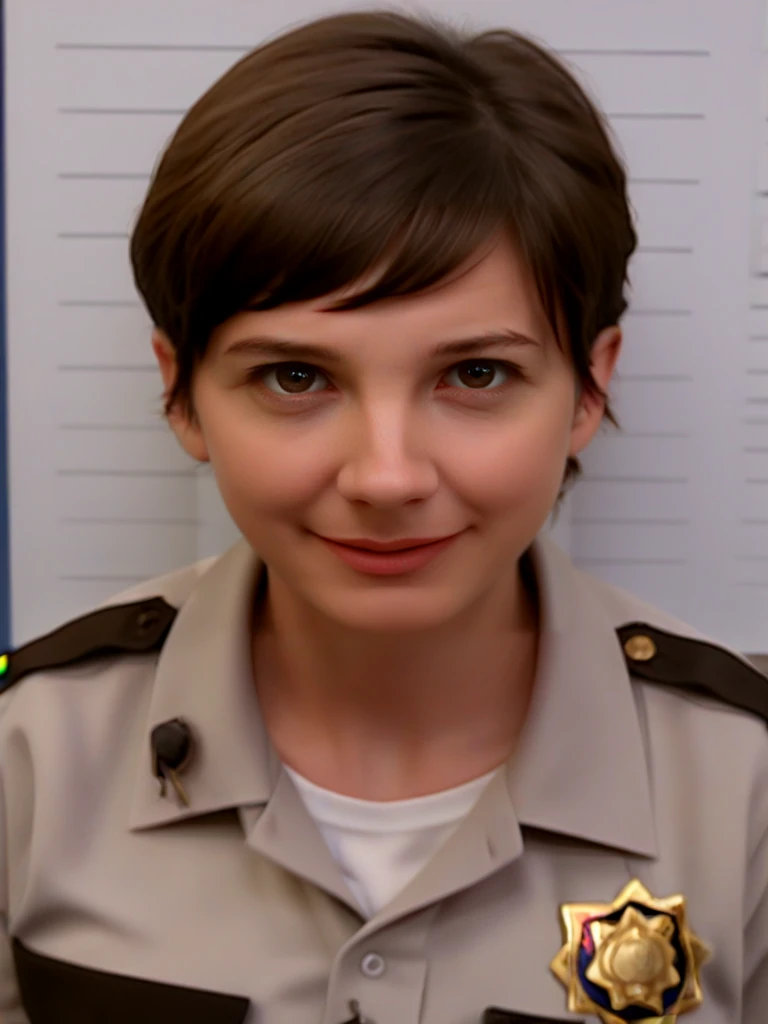 <lora:Trudy_Wiegel_-_Reno_911:1.0>trudy_wiegel, 1girl, frumpy, brown hair, short hair, solo, uniform, shirt, police uniform, police, standing, badge, portrait, face focus, (smile:0.6), from above, face only, collarbone, (head turned:1.3), eyes looking at viewer, side eyes, source_cartoon, score_9, score_8_up, score_7_up,