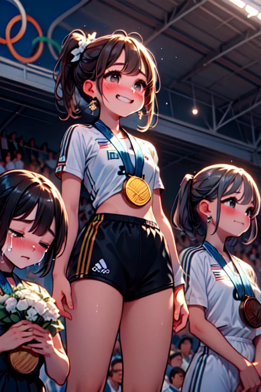 (((masterpiece))), (((best quality))), ((bronze medal)), different colors badges, side by side, 3girls, grin, crying, streaming tears, standing on ranking podium, cheering, athletes uniforms, sports shorts, sweat, olympic rings, olympic venues, crowd in distant stands, cinematic light, medium tits, slim figure, night, ceiling, stadium, above knee, from below, <lora:girlhatebronzemedal:1>