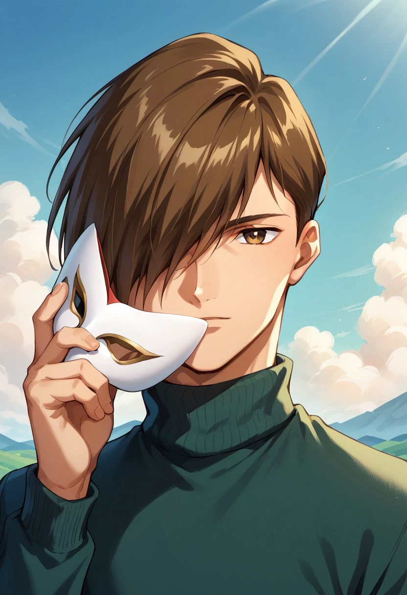 score_9, score_8_up, score_7_up, source_anime, highly detailed, 
trowa, 1boy, male focus, solo, mask, brown hair, holding mask, holding, hair over one eye, turtleneck, looking at viewer,
outdoor, sky,