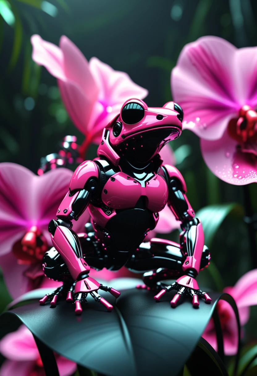 cybernetic robot tropical afternoon, lush Amazon rainforest, android poison dart frog perched on a giant vibrant pink orchid, dew drops glistening on its sleek metallic body, intricate mechanical, thick black outlines, high contrast, style of Beeple, . android, AI, machine, metal, wires, tech, futuristic, highly detailed