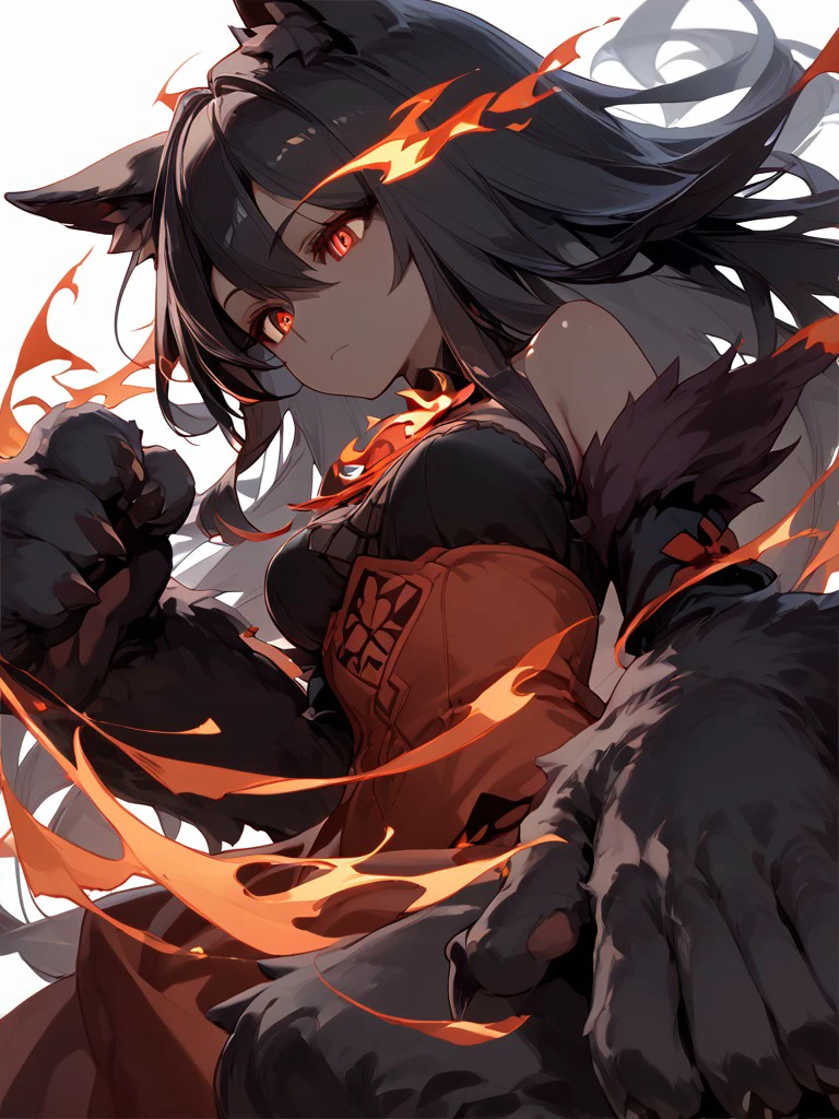 (score_9, score_8_up, score_7_up, score_6_up), (masterpiece), perfect face, MGE, (expressive red eyes), (hellhound), (flaming eyes:1.2), (unnatural skin color:1.25), (black skin:1.2), black hair, long hair, (animal arms:1.25), (animal legs:1.25), animal ears, ear fluff, (thighhigh fur:1.3), glowing eyes, dress, medium breasts, white background, <lora:MGE_V5.3:0.8>