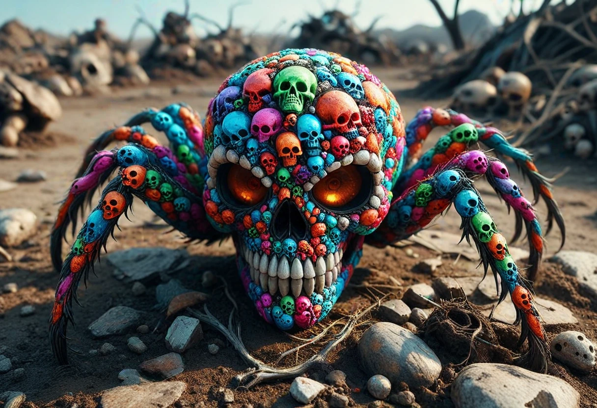 (medium full shot) of a spider made of colorful skulls, a harsh wasteland, where the scorched earth supports only the hardiest of plants, their gnarled forms testament to the unforgiving climate ,Masterpiece,best quality, photo, realistic, very aesthetic