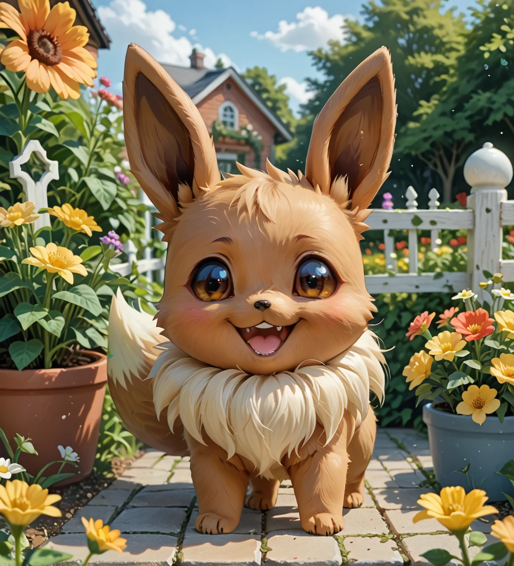 score_9,score_8_up,score_7_up,(source_anime, rating_safe),solo,(zzEevee, chibi body),(wide smile, open mouth),(garden, flowers, Windy),fence,brick wall,(detailed image, high resolution, 5k resolution:1),(chibi art style:1.1),<lora:ex1:1>,