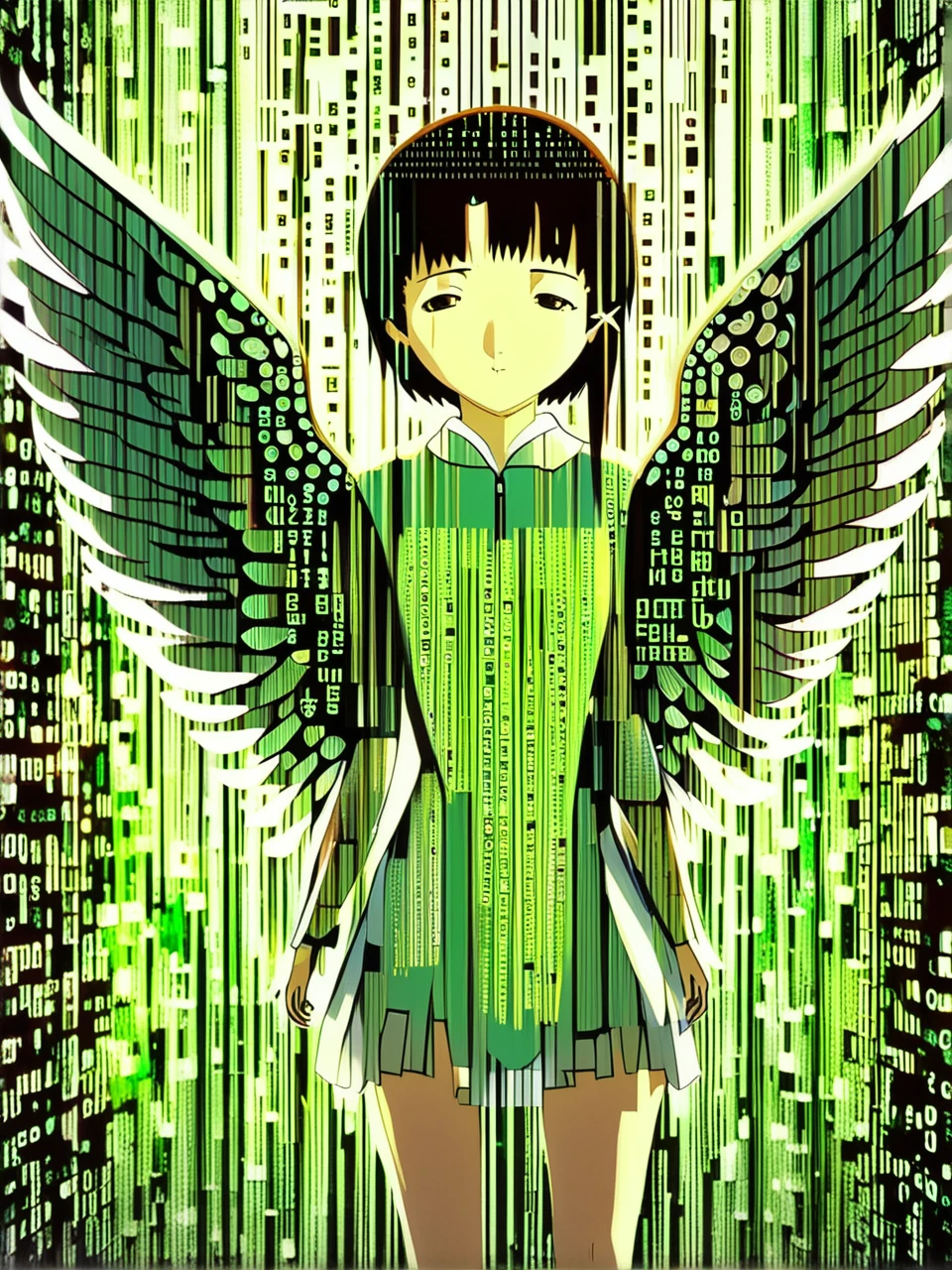 Iwakura Lain  with awesome transparent  wings in binary code world, high tech, general scene, best quality, perfectly balanced, painterly style, , strong environmental light, , stylized photo, intricate