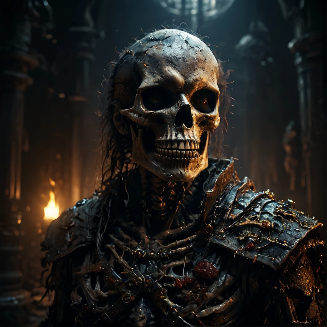 Skeleton, immense in stature, bones entwined with grisly adornments, eyes glowing menacingly from deep sockets, 
surrounded by the remnants of vanquished foes, eerie backlighting, chilling atmosphere, sinister focus, ultra realistic, volumetric shadows, dark, volumetric lighting, highly detailed background,High-Quality Artwork, ultra realistic, Wide angle Environmental,Unreal Engine,
 hdr, hyperdetailed, cinematic, dark shot, muted colors, RTX, full details,cinematic lighting,
best quality, ultra-detailed, high res, lighting, ray tracing, realistic, depth of field, High detail RAW color, 
 detailed, intricate,photorealistic, Unreal Engine, 
ultra realistic background, ultra realistic Environmental,
realistic, highly detailed, 
cinematic light, realistic, symmetrical, harsh lighting, 
cinematic lighting, contrast,hasselblad, hard light, 
gigapixel, 85mm, F/4, photorealistic,
intricate details, hdr, hyperdetailed, cinematic, dark shot, muted colors, RTX,
 cinematic film still, subsurface scattering, ray tracing, volumetric lighting, guts, badass,
High-Quality Artwork, ultra realistic, Wide angle Environmental, 
High-Quality Artwork, ultra realistic, 8k render,
 highly detailed, dark fantasy, cataclysmic, absurdres,
horror, sharp focus, highres, intricate detail,
highly detailed background, shallow depth of field, digital art style,  
photorealistic, RAW image, 
8k high resolution, RAW candid cinema, 16mm, color graded Portra 400 film, ultra realistic, 