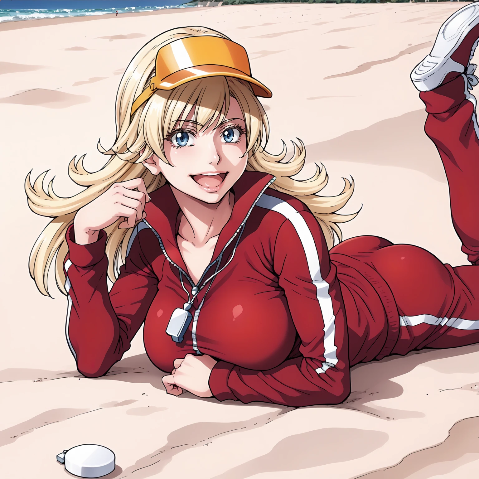 <lora:NBnSd_SuomiSenseiXLpony001>,
open mouth,smile,
solo,
SuomiSensei,1girl,blonde hair,long hair,blue eyes,
large breasts,
visor cap,
whistle around neck,
track suit,red jacket,
red pants,
outdoors,sandy beach,
on stomach,the_pose,