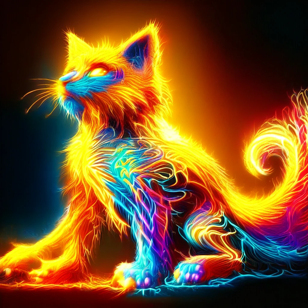 cat sitting down with fur and tail made of golden and blue and red and yellow and purple lightning thunder trails <lora:lthndrtrl_V3_4:3.>