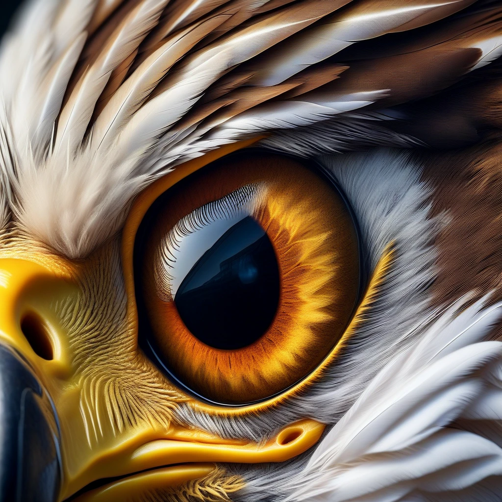 A macro shot of an eagle's eye with a piercing golden-yellow iris and a black, round pupil. The eye reflects the sky, giving it a majestic look. The feathers around the eye are dense and textured, showing shades of brown and white. The details of the scales on the eyelids and the intensity of the bird's gaze are clearly visible, highlighting its predatory nature.