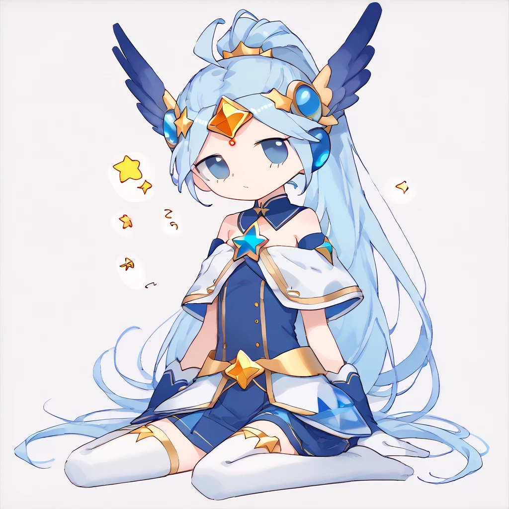 <lora:!:1>,    <lora:blorgkb:1> lorbeco, long hair, light blue hair, ponytail, star_(symbol), headpiece, forehead star gem, ahoge, head wings, blue eyes, android, magical girl, gloves, thighhighs, detached sleeves, skirt, white footwear, shoulderless shirt, blue shirt, blue skirt, white thighhighs, gold trim, white capelet, blue trim