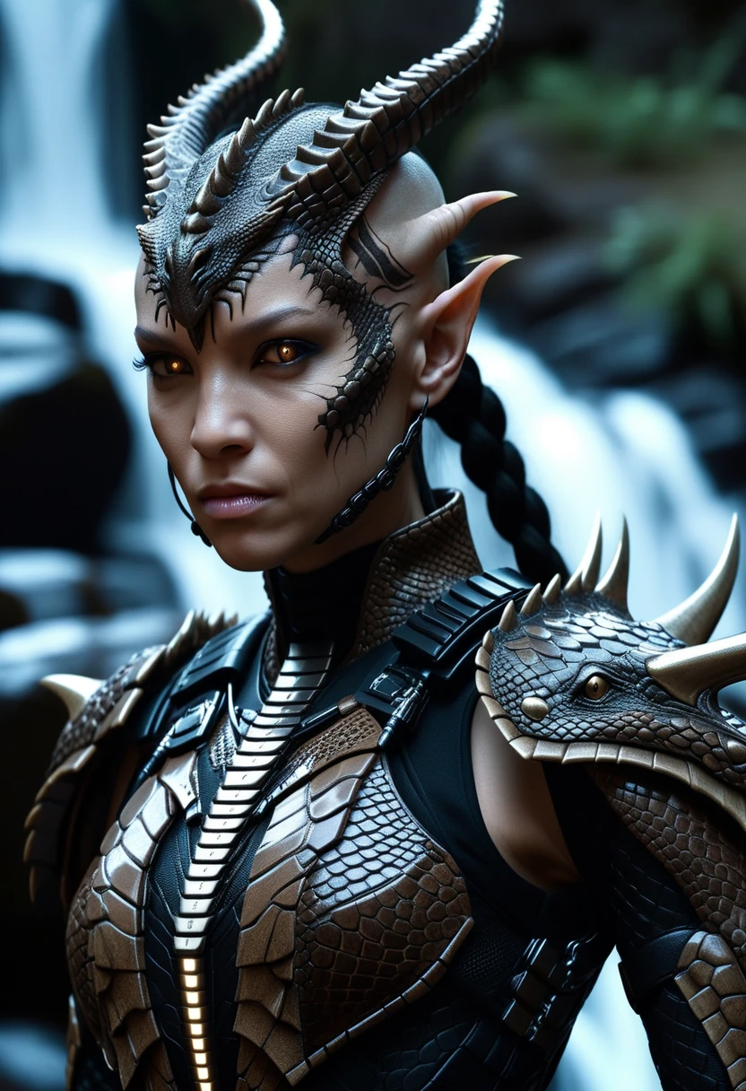 biomechanical cyberpunk female human dragon hybrid, close-up, outdoors near a waterfall at night, covered in dark earth tone matte scales as skin, dragon scale armor, striking reptilian eyes with vertical pupils, dragon horns, bald except a braided ponytail, exudes confidence and power, . cybernetics, human-machine fusion, dystopian, organic meets artificial, dark, intricate, highly detailed