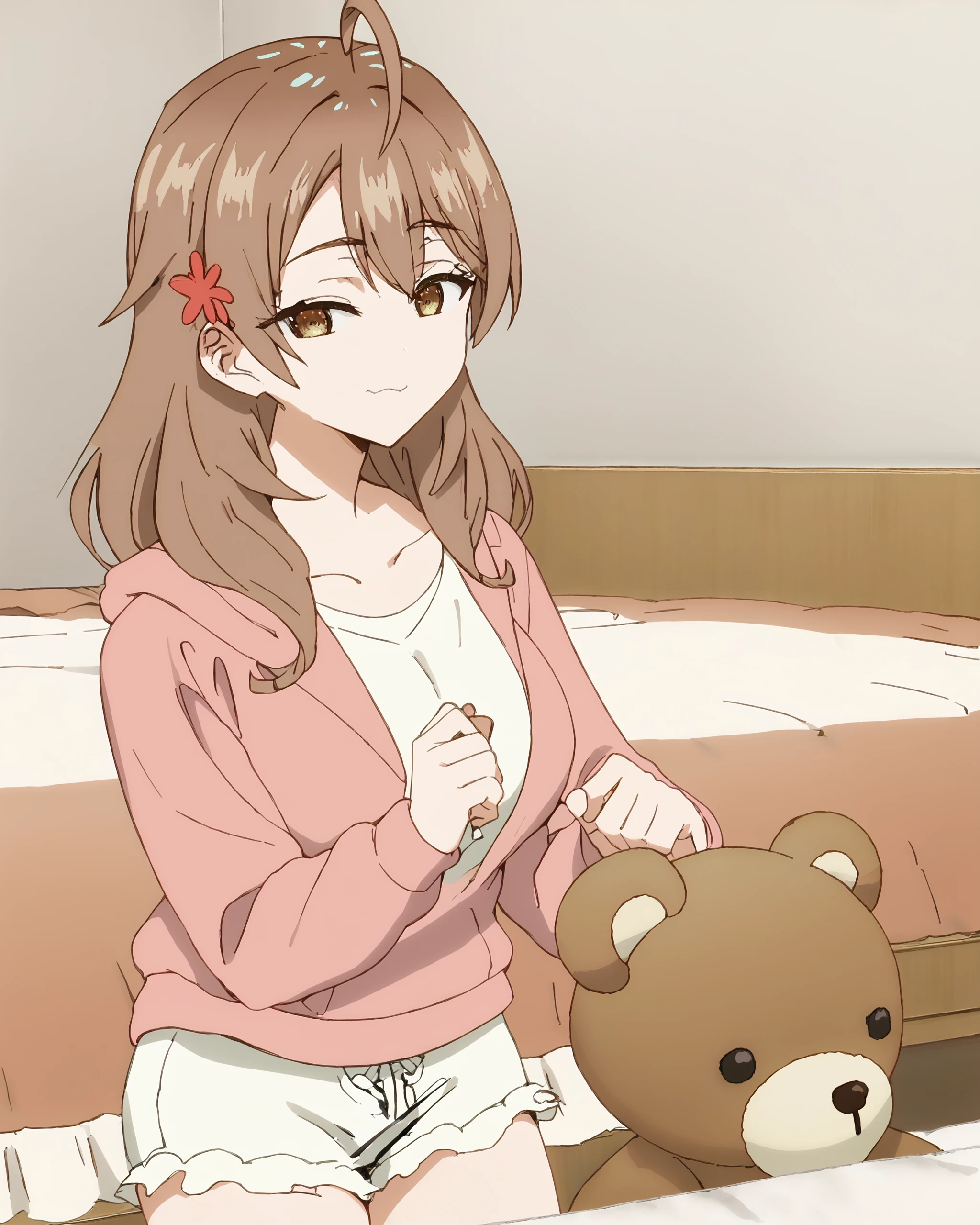 score_9, score_8_up, score_7_up, source_anime, uncensored, nsfw, in a bedroom, BREAK
<lora:Maria_Kujou:1>1girl, Maria Kujou, brown hair, brown eyes, long hair, ahoge, hair ornament, bangs, large breasts,
pink hoodie, shorts, :3, , teddy bear