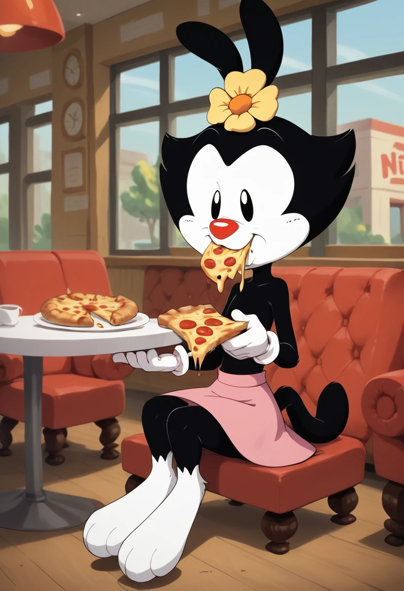 score_9, score_8_up, score_8,  <lora:Dot_Warner_Animaniacs_for_PonyXl:0.8> 1girl, furry, animal ears, d0tw4n3r, hair ornament, hair flower, white gloves, skirt, restaurant, sitting, eating pizza,