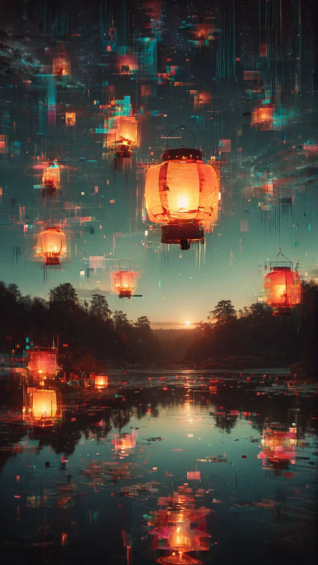 A surreal landscape of floating lanterns in a night sky, each lantern glowing brightly and casting reflections on a calm lake below. 
 <lora:aidmaGlitchStyle-v0.1:0.9> glitch,