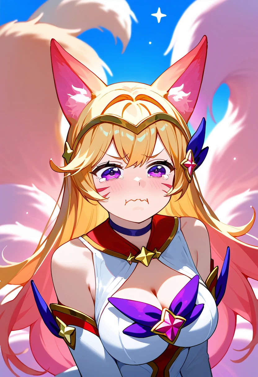 score_9, score_8_up, score_7_up, ahriStrGdn, animal ears, facial mark, fox tail, multiple tails, long hair, blonde hair, purple eyes, large breasts, hair ornament, choker, magical girl, star (symbol), bare shoulders, cleavage, detached sleeves, <lora:Ahri_StarGuardian_pdxl_Incrs_v1:1>, <lora:concept_aquacrying_ponyXL:1> aquacrying, wavy mouth, closed mouth, tearing up, upper body,