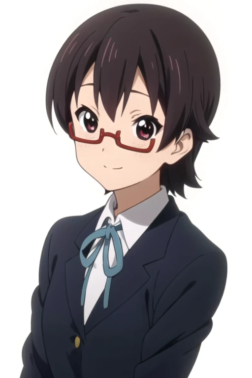 solo, 1girl, looking at viewer, 2D, anime, official style, anime coloring, anime screencap, upper body, (simple background, solid white background:1.3), <lora:nodoka-kon:0.8>, nodoka manabe, school uniform, long sleeves, blazer, ribbon, glasses, smile