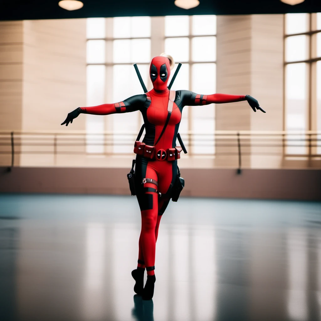 cinematic photo full body portrait lady deadpool, blond hair, ponytail, mask, body suit, ballet dancing in an opera<lora:LDP1024:0.8> . 35mm photograph, film, bokeh, professional, 4k, highly detailed