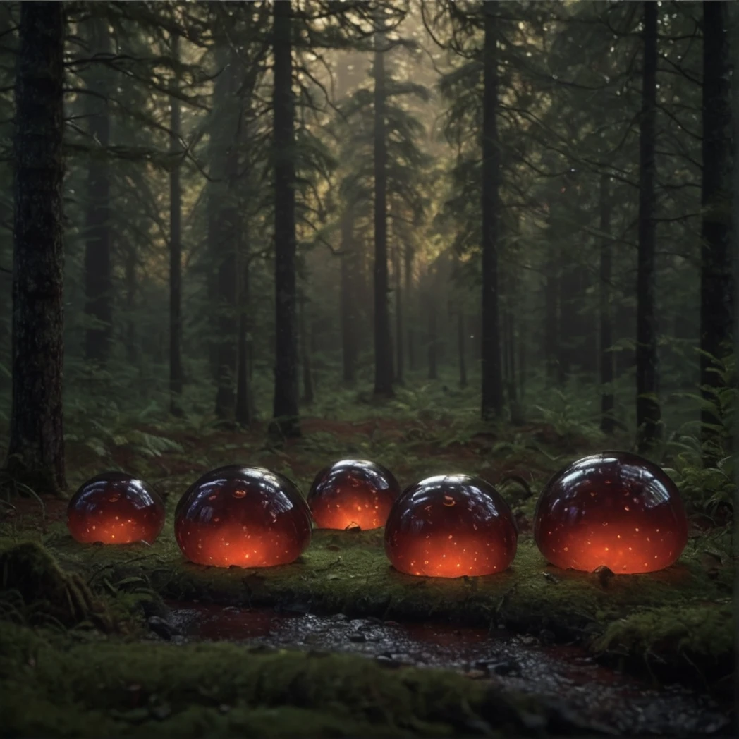 slimes (creature), Translucent, moody forest, A group of four slimes crawling in a forest, A group of four red slimes crawling in a forest, (UHD, 8K, ultra detailed,
highly detailed, best quality, best aesthetic, high detail, amazing detail, masterful, work of a master), highly detailed background, shallow depth of field, photorealistic, RAW image,
8k high resolution, ray tracing, realistic,