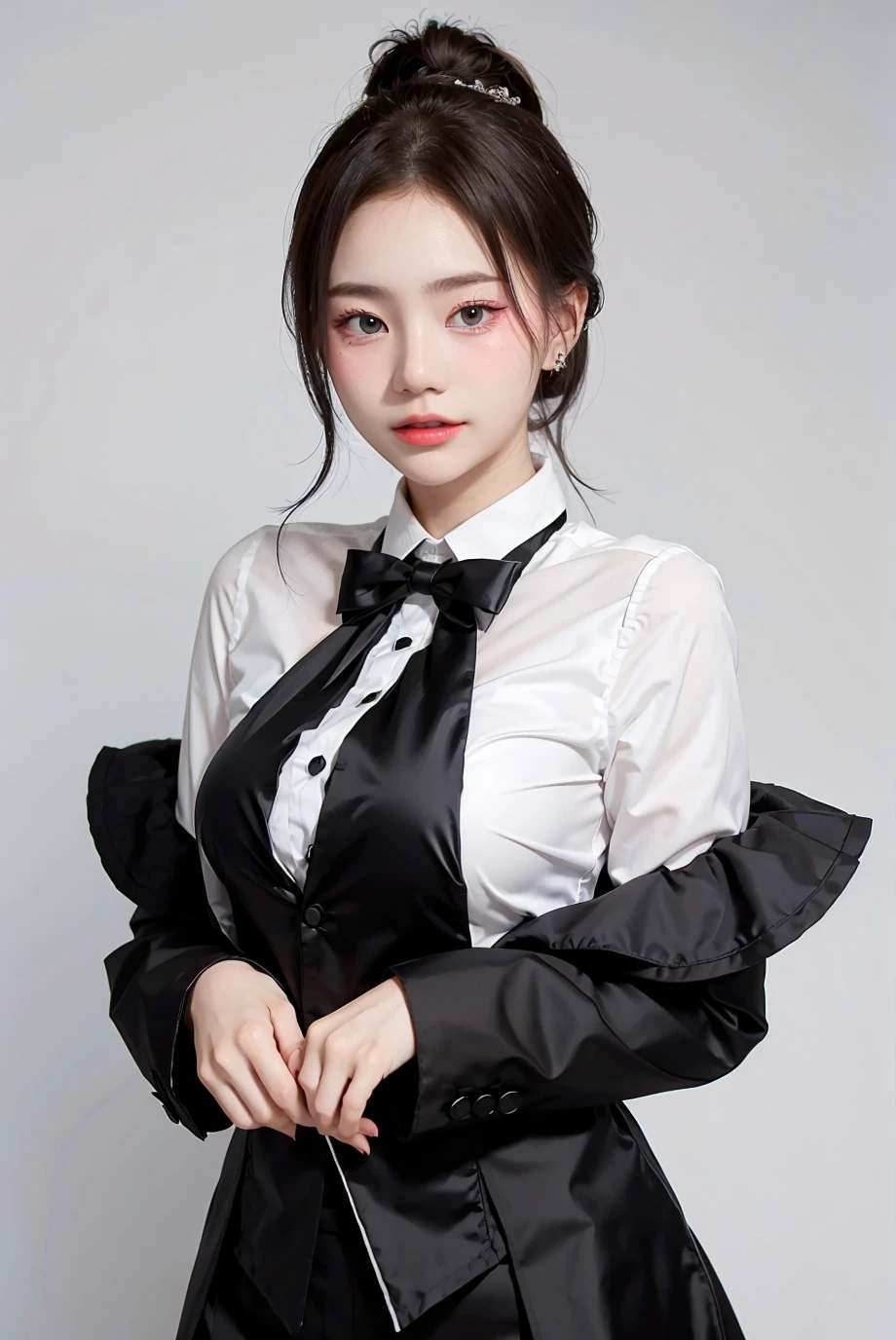 1girl, black  random formal attire, white background,   <lora:djfakfang-02:1>