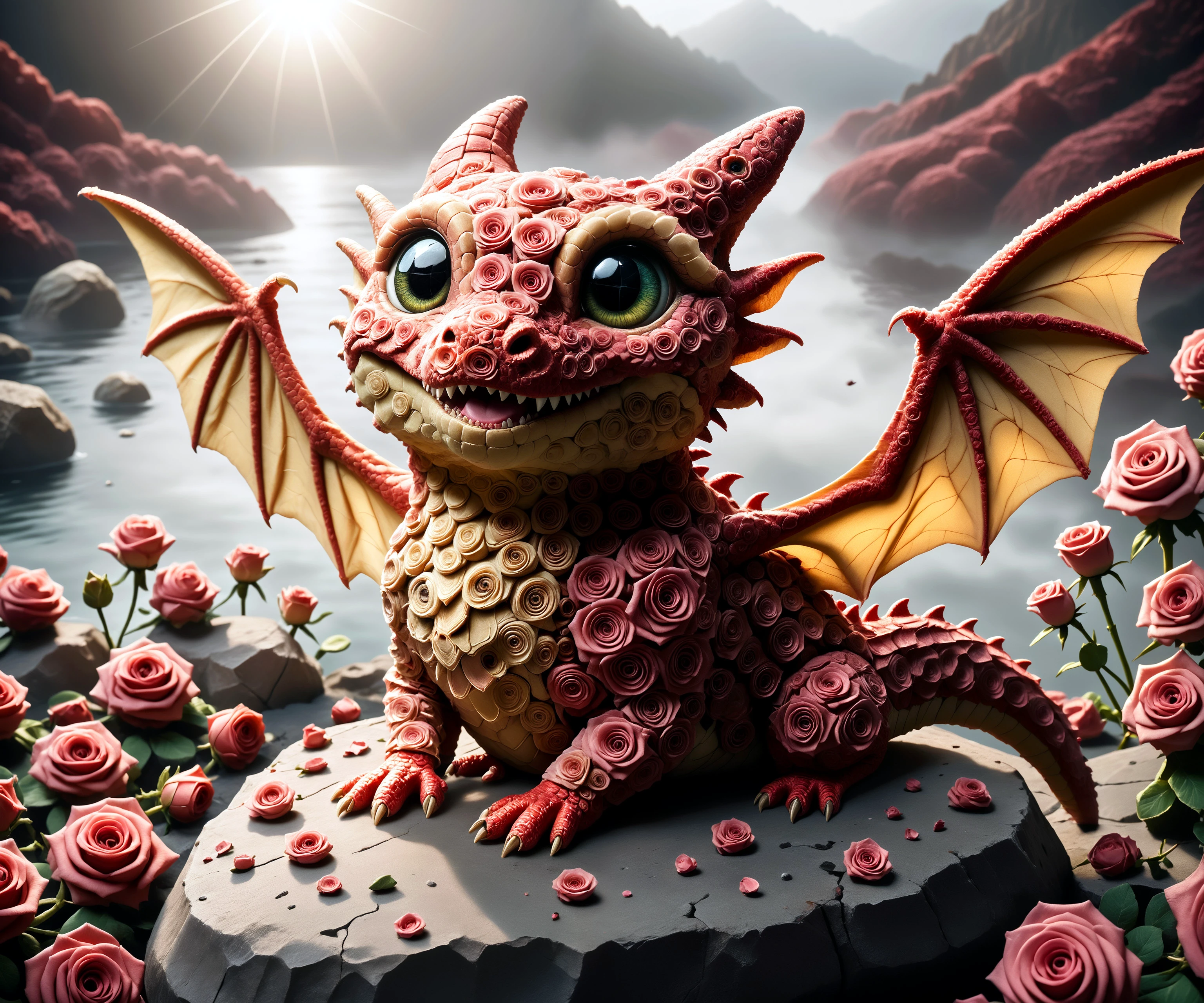 r0535, 3d, a little cute sitting dragon made entirely of rose, solo, big eyes, wings, laugh, detailed eyes, (smoke:0.9), 

rock, outdoor,