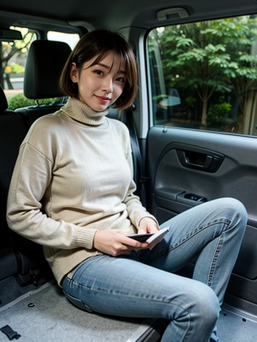 <lora:add_detail:0.5> (realistic, photo-realistic:1.25),
1girl, asian female, short hair, turtleneck sweater, jeans,
sitting, 
 <lora:In_Car-Van:0.8> in car, van, floor