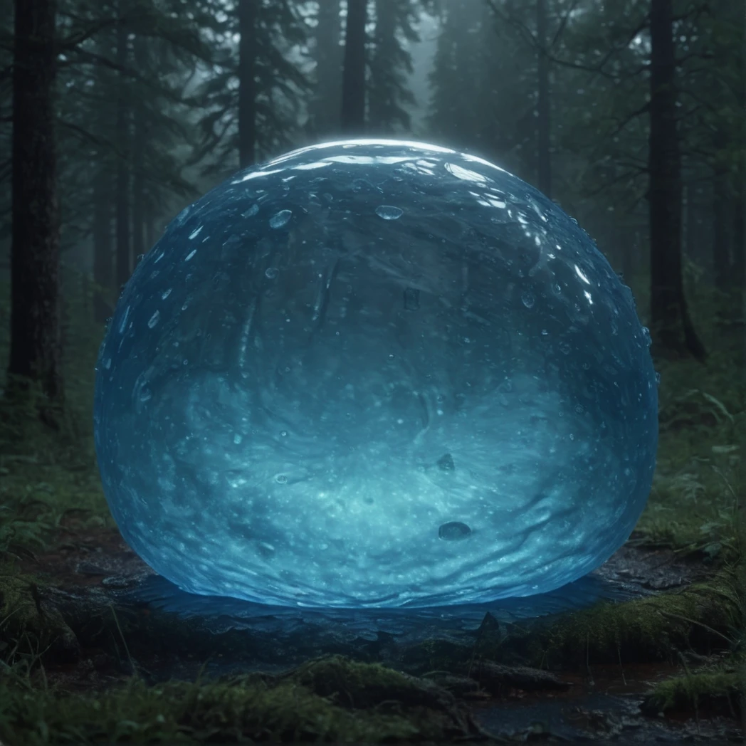 blue slime (creature), Translucent, moody forest, (UHD, 8K, ultra detailed, 
highly detailed, best quality, best aesthetic, high detail, amazing detail, masterful, work of a master), 
