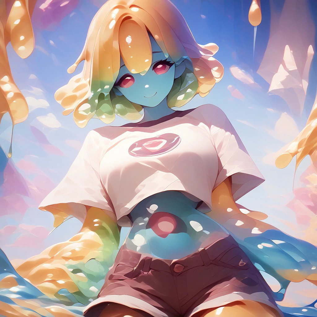 score_9, score_8_up, score_9_up, score_7_up, high quality, masterpiece, highly detailed, solo, (((colorful slime women))), large breasts, wearing  shorts and crop top, Slime core, cute pose, happy expression