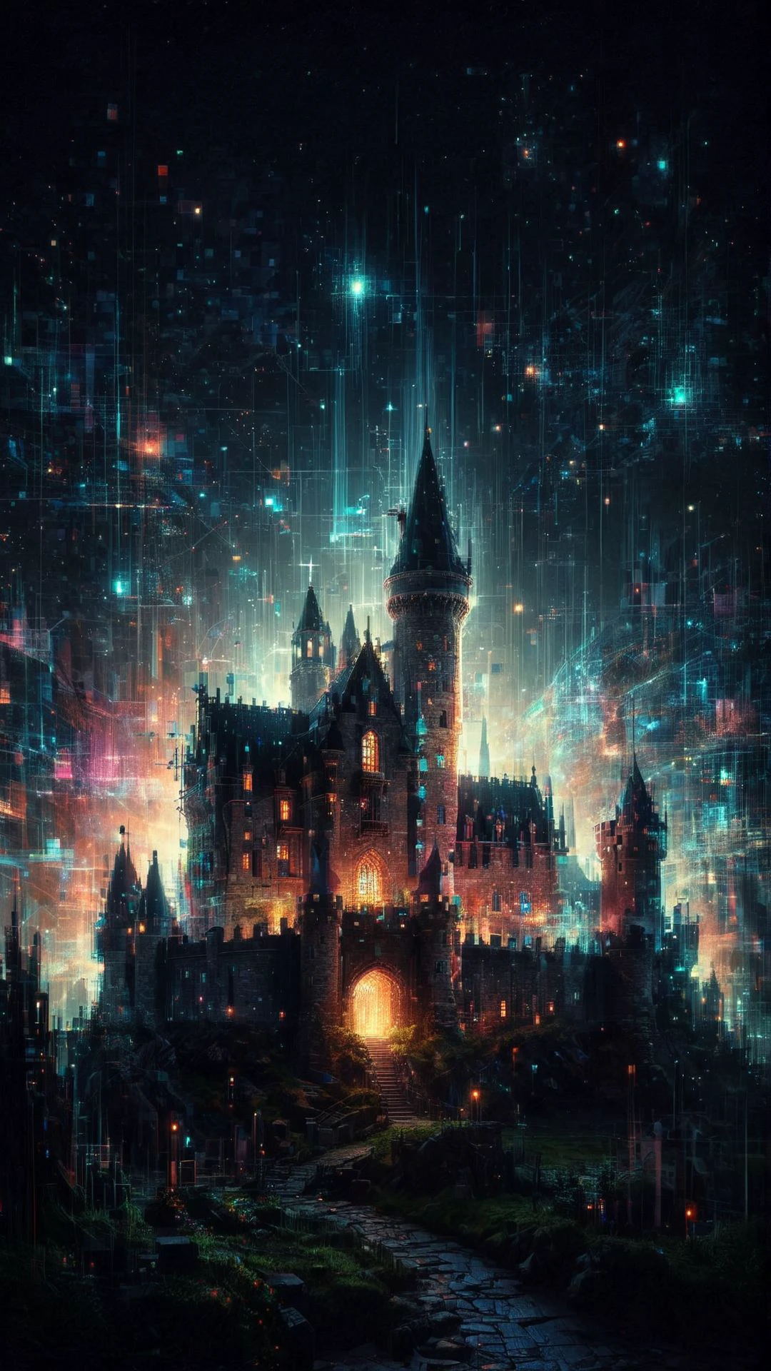 A fantasy scene of an enchanted castle with glowing windows and towers, set against a dark, starry sky. 
 <lora:aidmaGlitchStyle-v0.1:0.9> glitch,