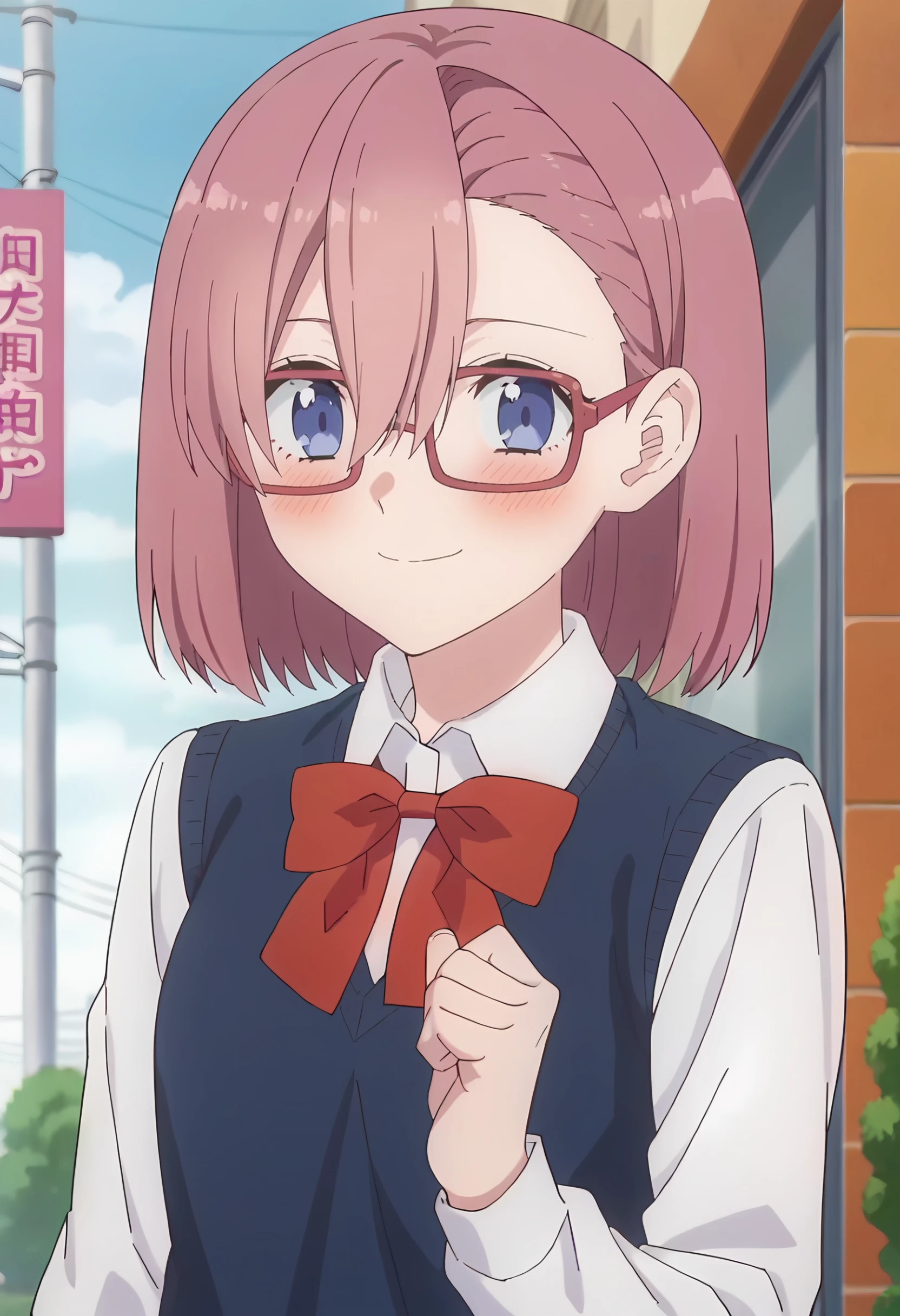 <lora:Ririsa Amano:0.9> Ririsa Amano,  1girl, solo, glasses, blush, pink hair,  hair between eyes , red-framed eyewear , medium hair,asymmetrical bangs, blue eyes,      white shirt, red bow, collared shirt, long sleeves, blue vest, school uniform, sweater vest, red bowtie, looking at viewer, smile, cowboy shot, score_9, score_7_up,anime coloring ,source_anime, anime, anime screencap