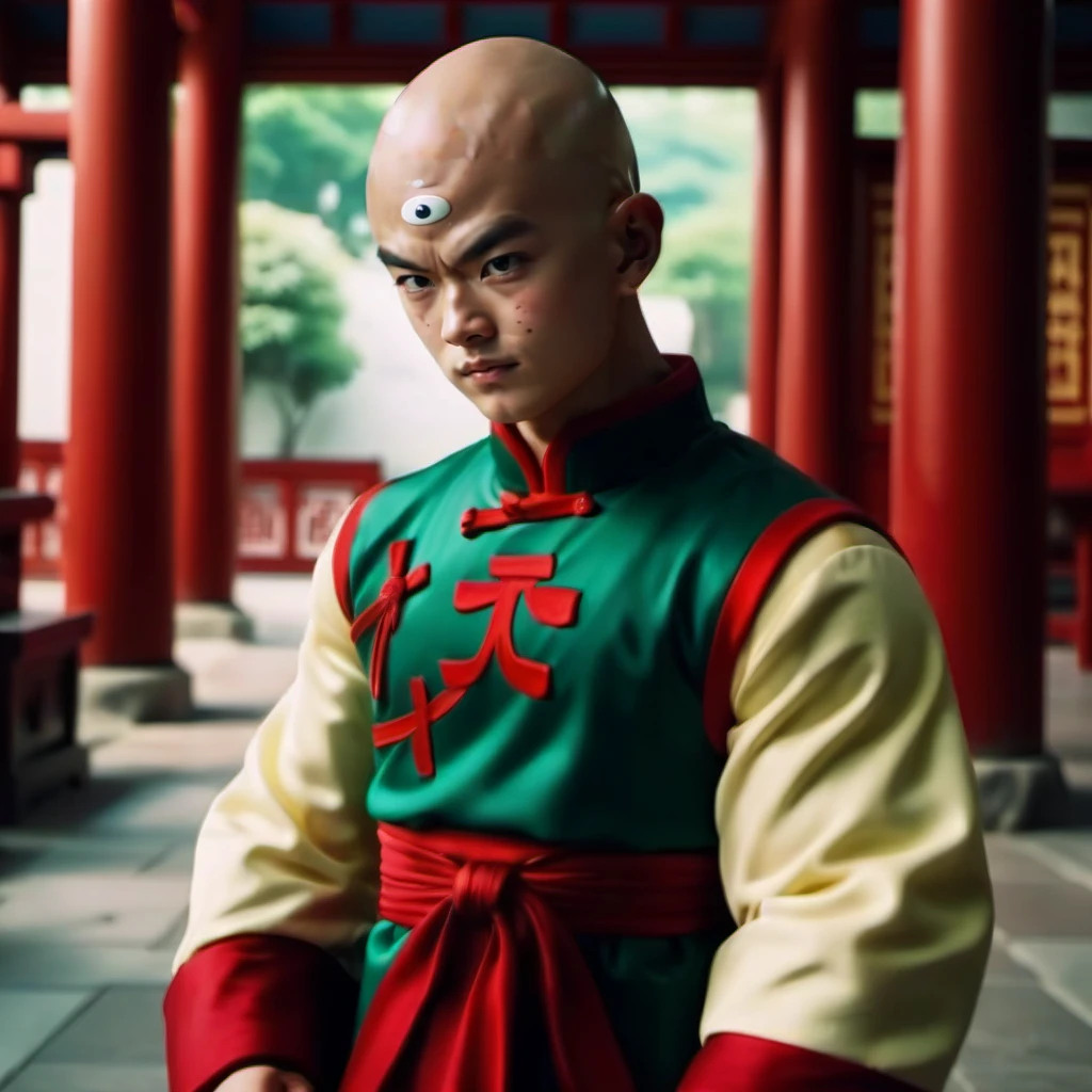 cinematic photo 1boy, bald, third eye,  muscular, wristband, chinese clothes, in a chinese temple<lora:TenShinHan1024:0.8> . 35mm photograph, film, bokeh, professional, 4k, highly detailed