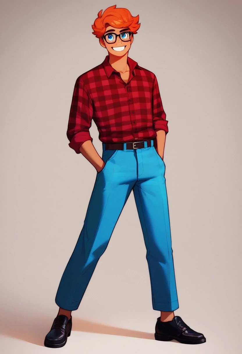 jonathan, solo, smile, orange hair, shirt, 1boy, standing, full body, male focus, buck teeth, collared shirt, pants, grin, red shirt, blue pants, big red plaid shirt six red freckles, black glasses with circular lenses, blue eyes, orange flat top, black shoes, semi dark skin, long sleeves