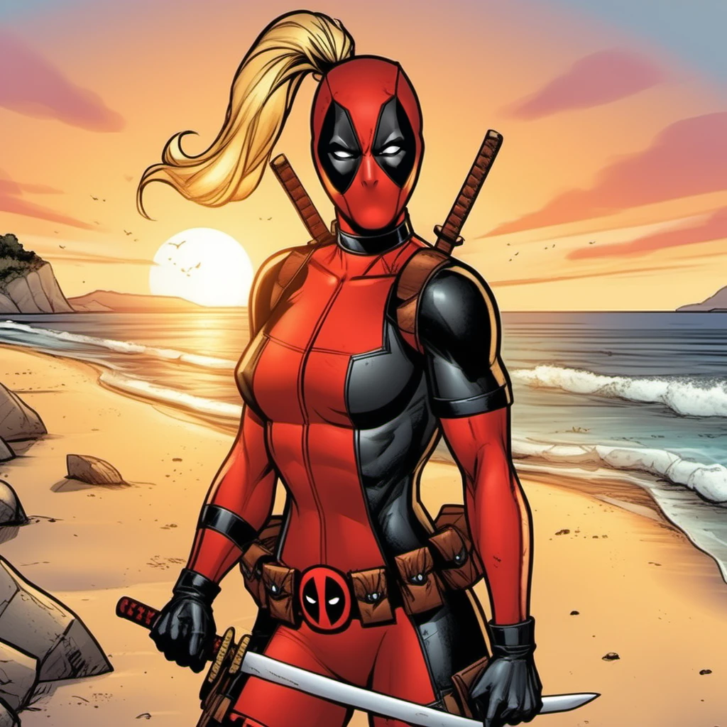 comic full body portrait lady deadpool, ponytail, blond hair, body suit, holds swords on the beach, sunset <lora:LDP1024:0.8> . graphic illustration, comic art, graphic novel art, vibrant, highly detailed