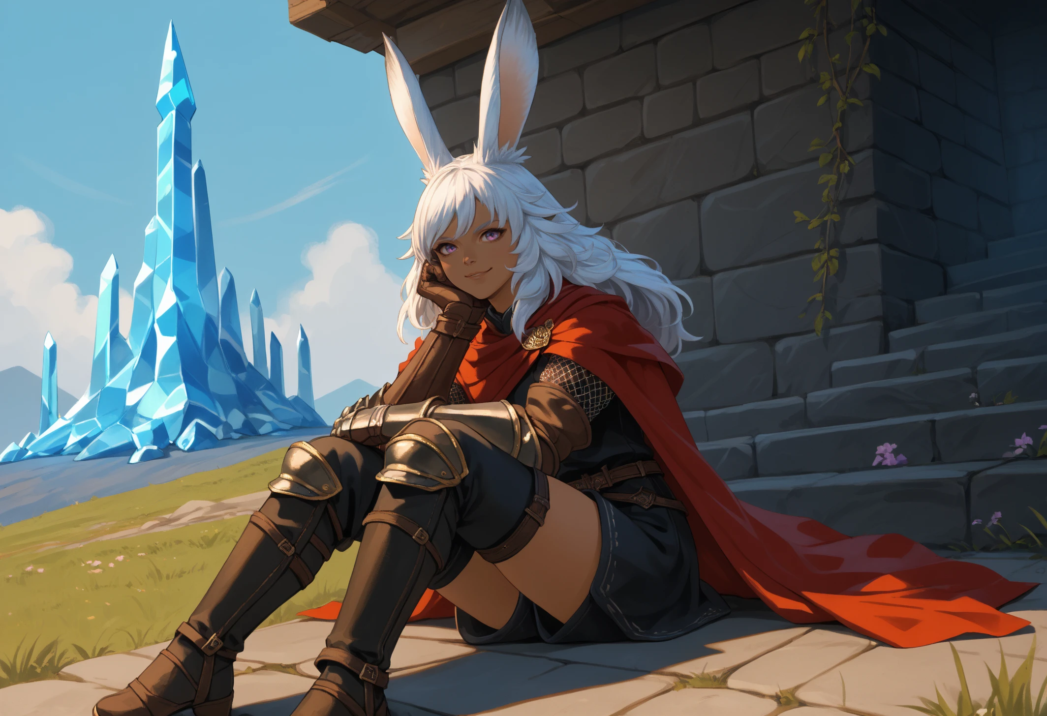 score_9, score_8_up, score_7_up, 1girl, LynaFF, dark-skinned female, animal ears, purple eyes, white hair, long hair, large breasts, toned,
Lynadef, armor, red cloak, leather tunic, gauntlets, multiple belts, thighs, black knee boots,
looking at viewer, smile, sitting, elbow rest,
outdoors, crystal tower, summer, solo,
<lora:LynaPDXL_V1-Manityro-CAME:1.0>,