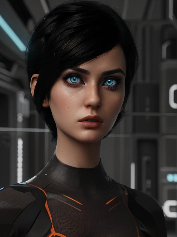 (best quality:1.5) (kira)+, young woman, short black hair, detailed glowing blue android eyes, dressed in futuristic outfit, black bodysuit with orange lines, complex line pattern on suit, slim clothes, (classic kira appearance)+, detailed drawn face, (correct eyes)++,  scared expression, correct proportions, looking at viewer, closeup, upper body showing, epic science fiction scenery, <lora:kira:1>, semi-realistic